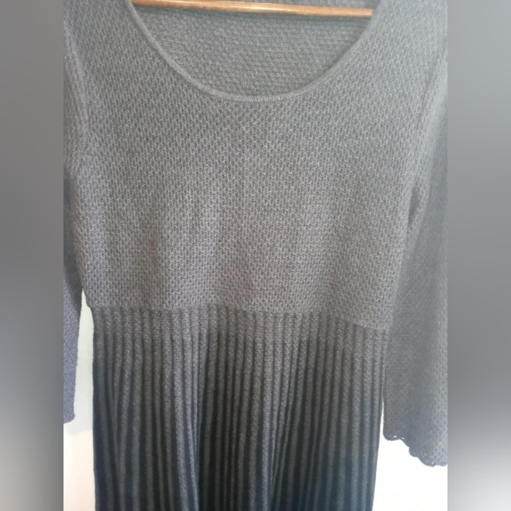 Calvin Klein Black Textured Knit Pleated Midi Dress Large Retro Vintage Academia - Picture 6 of 6